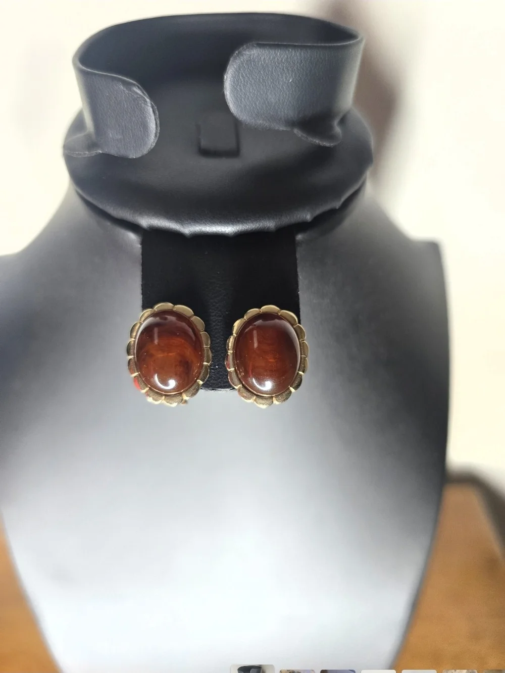 Vintage 80's Avon Signed Gold-Tone Faux Amber Oval Cabochon Clip On Earrings